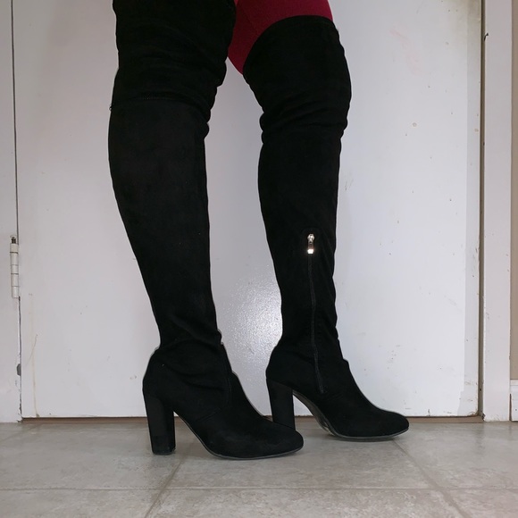 Thigh-high faux suede boots with inner zipper